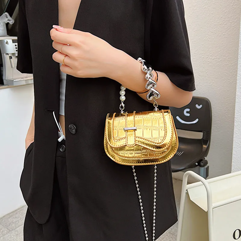 Silver laser pearl women's crossbody bag with square shape and adjustable strap
