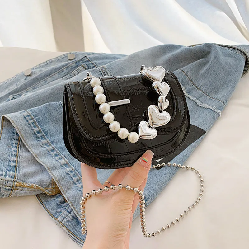 Silver laser pearl women's crossbody bag with square shape and adjustable strap