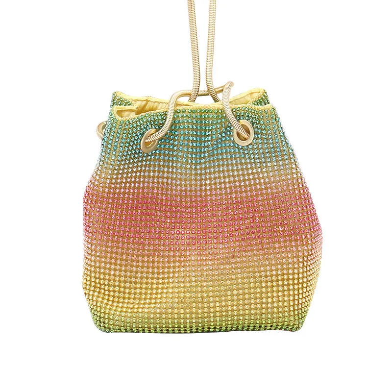 Soft rainbow rhinestone bucket bag with adjustable strap, shown in multicoloured sparkle.