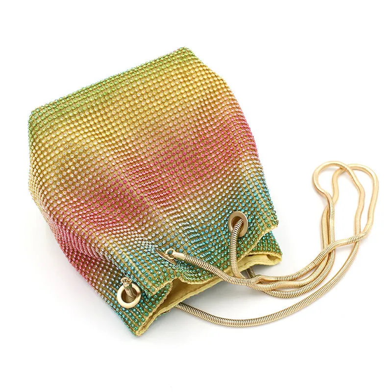 Soft rainbow rhinestone bucket bag with adjustable strap, shown in multicoloured sparkle.