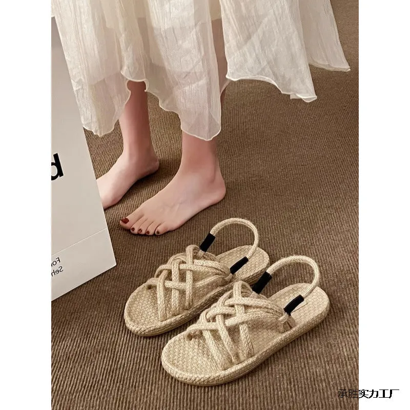 Braided hemp rope sandals for women, black, lightweight non-slip rubber sole, PU upper, round toe casual flat