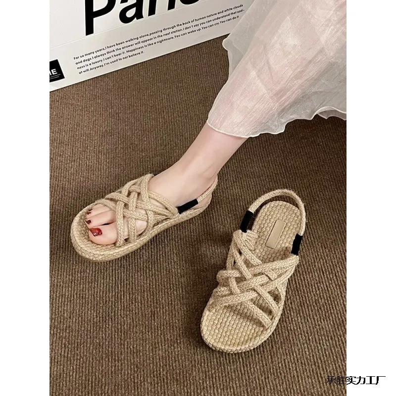Braided hemp rope sandals for women, black, lightweight non-slip rubber sole, PU upper, round toe casual flat