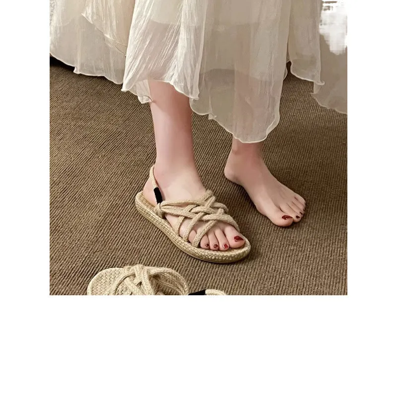Braided hemp rope sandals for women, black, lightweight non-slip rubber sole, PU upper, round toe casual flat