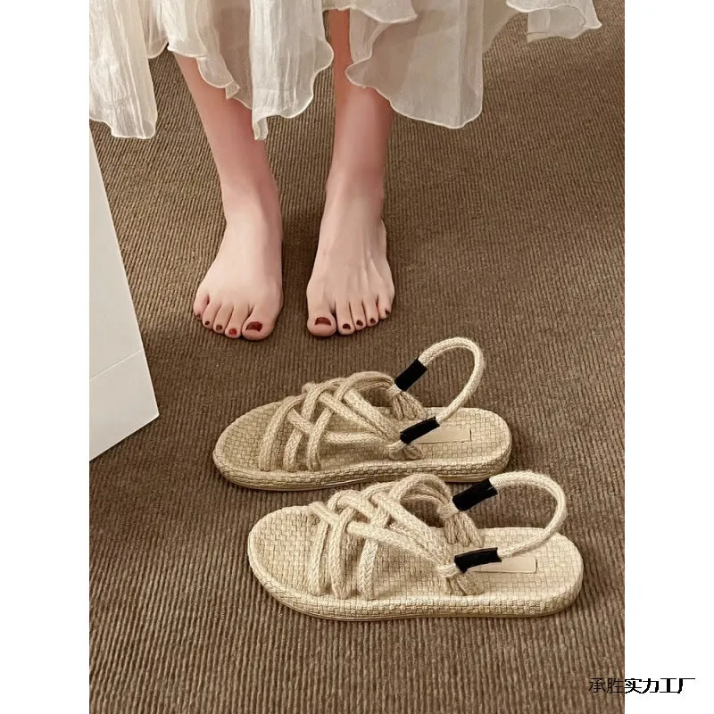 Braided hemp rope sandals for women, black, lightweight non-slip rubber sole, PU upper, round toe casual flat