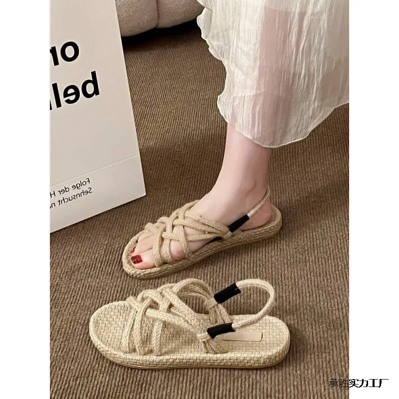 Braided hemp rope sandals for women, black, lightweight non-slip rubber sole, PU upper, round toe casual flat
