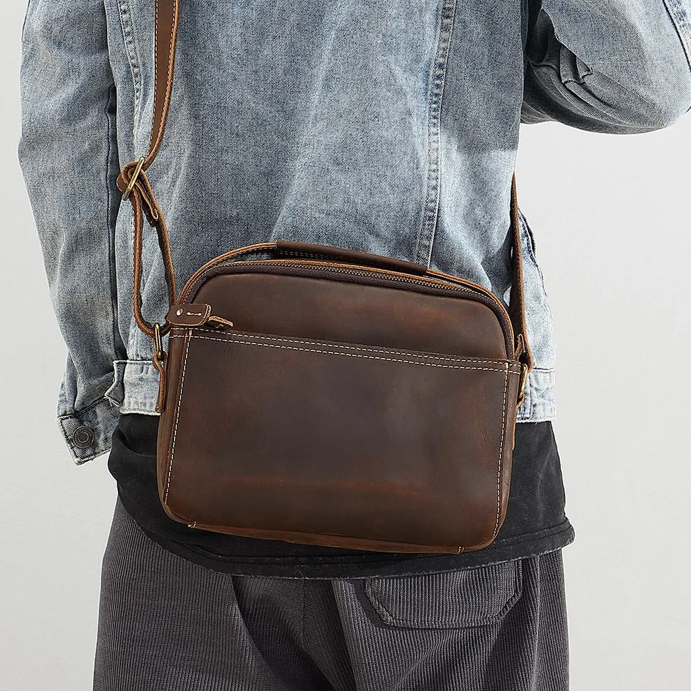 Top layer cowhide leather single-shoulder crossbody bag for men, solid colour Brown 209, retro style