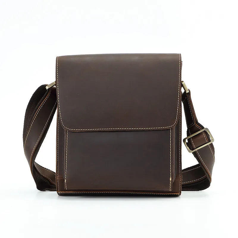 Top layer cowhide leather single-shoulder crossbody bag for men, solid colour Brown 209, retro style