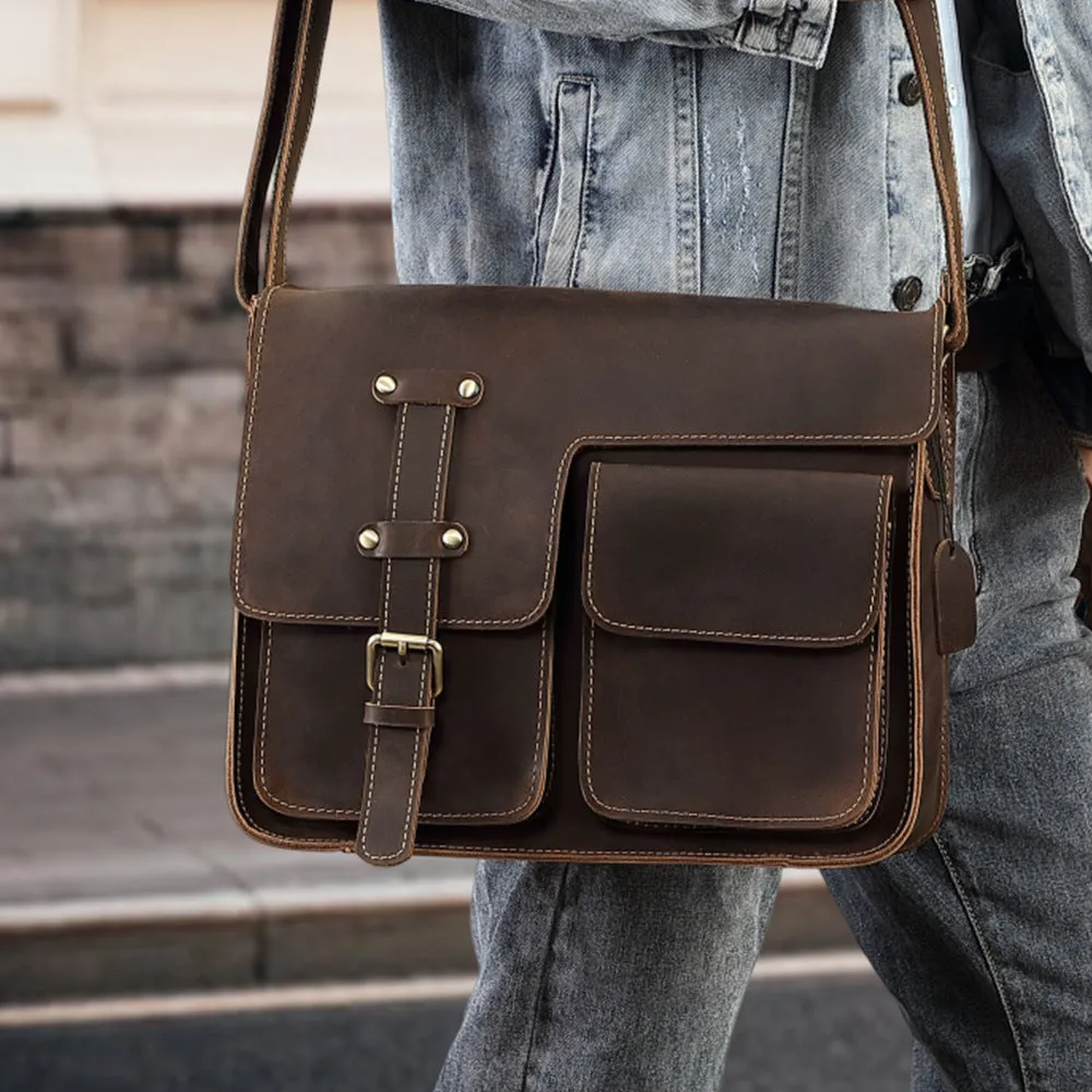 Top layer cowhide leather single-shoulder crossbody bag for men, solid colour Brown 209, retro style