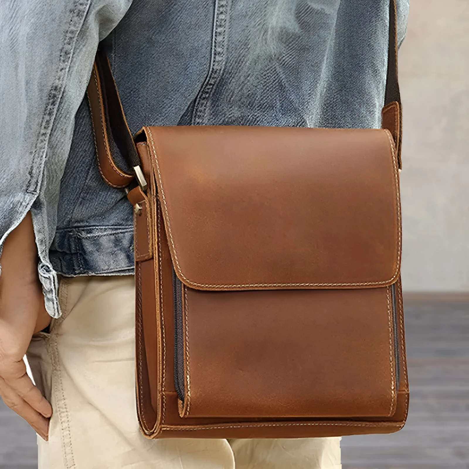 Top layer cowhide leather single-shoulder crossbody bag for men, solid colour Brown 209, retro style