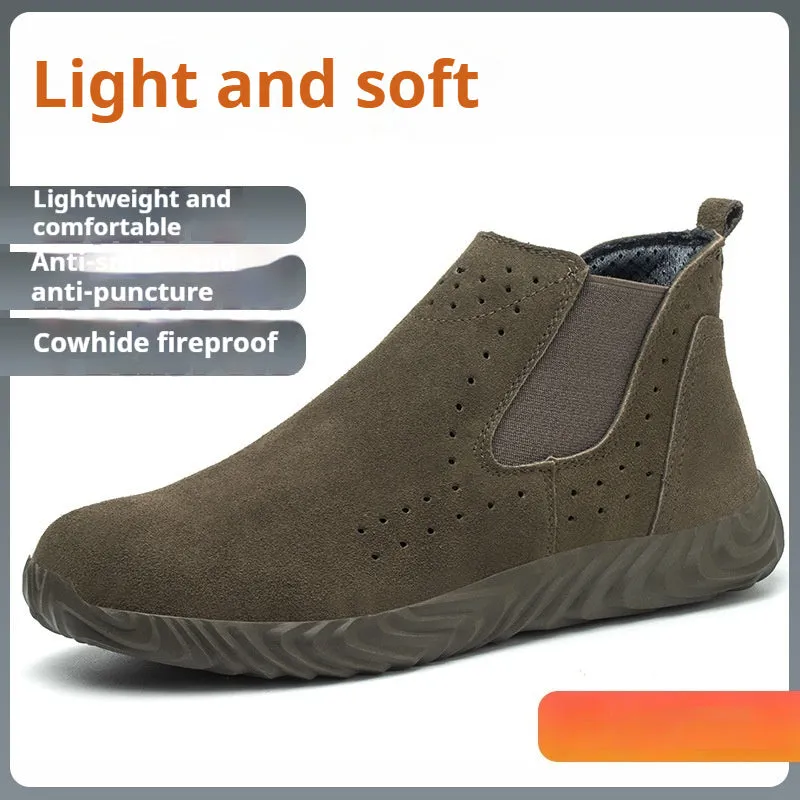 Men's steel toe cap safety shoes, suede leather upper, anti-smashing anti-piercing, mid top, 001 camel colour