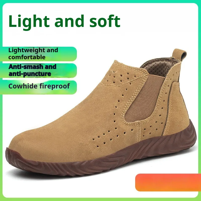 Men's steel toe cap safety shoes, suede leather upper, anti-smashing anti-piercing, mid top, 001 camel colour