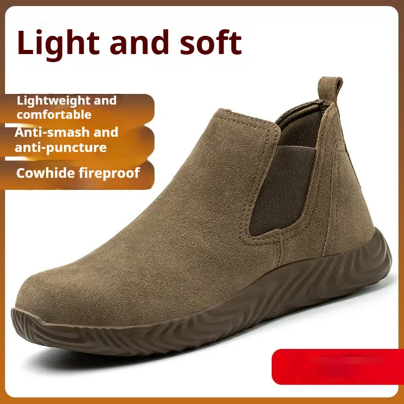 Men's steel toe cap safety shoes, suede leather upper, anti-smashing anti-piercing, mid top, 001 camel colour