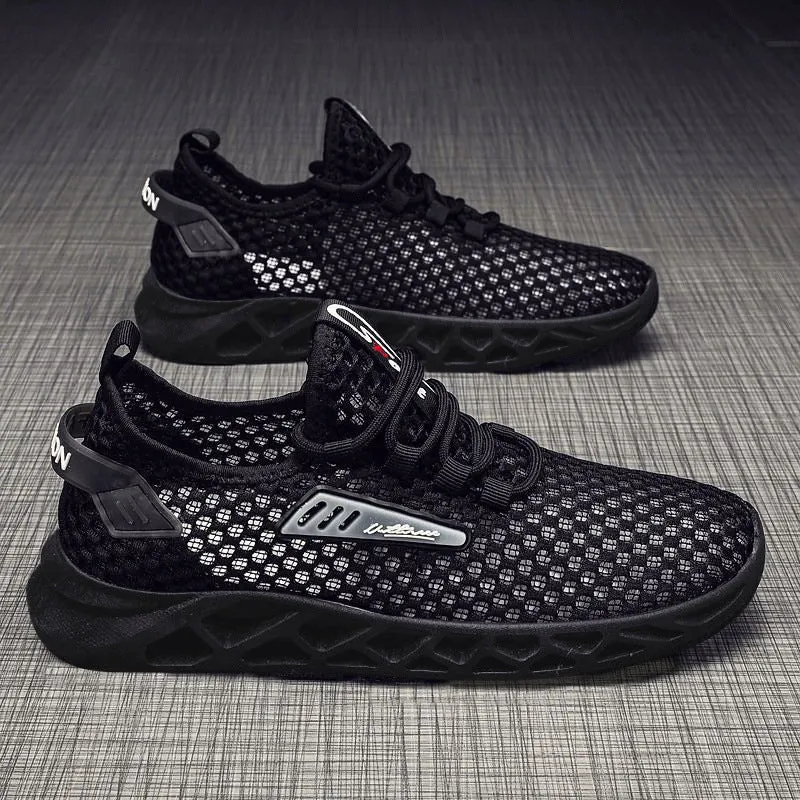 Summer mesh breathable hollow casual sports shoes for men, low-top lace-up design in black, with PVC sole