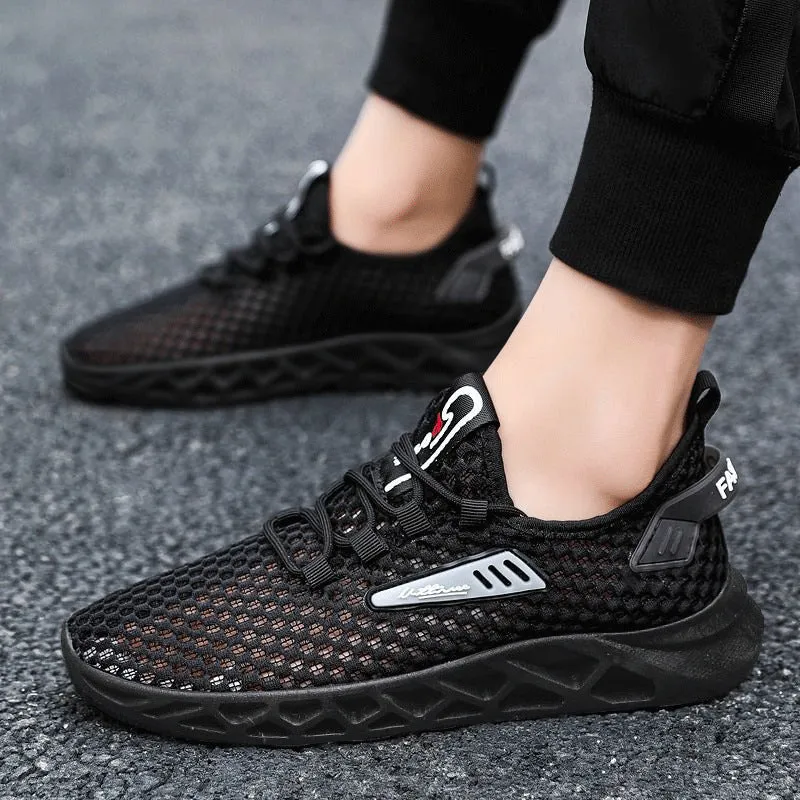 Summer mesh breathable hollow casual sports shoes for men, low-top lace-up design in black, with PVC sole