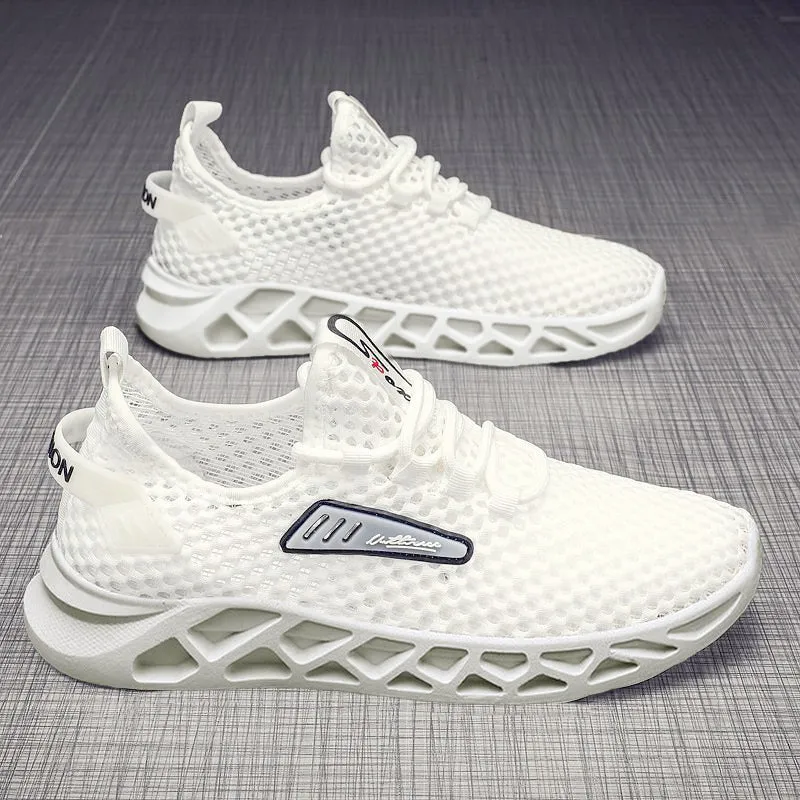 Summer mesh breathable hollow casual sports shoes for men, low-top lace-up design in black, with PVC sole