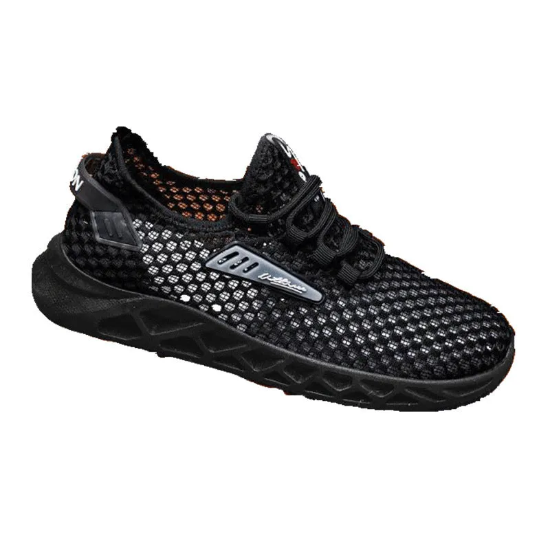 Summer mesh breathable hollow casual sports shoes for men, low-top lace-up design in black, with PVC sole