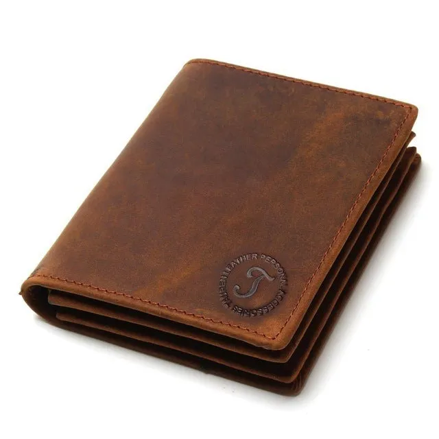 Genuine leather short vertical anti-theft swiping men's wallet in brown with saddle stitching
