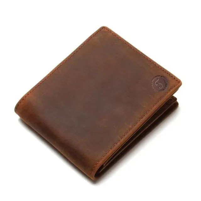 Genuine leather short vertical anti-theft swiping men's wallet in brown with saddle stitching