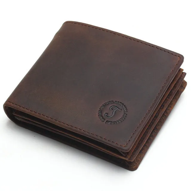 Genuine leather short vertical anti-theft swiping men's wallet in brown with saddle stitching