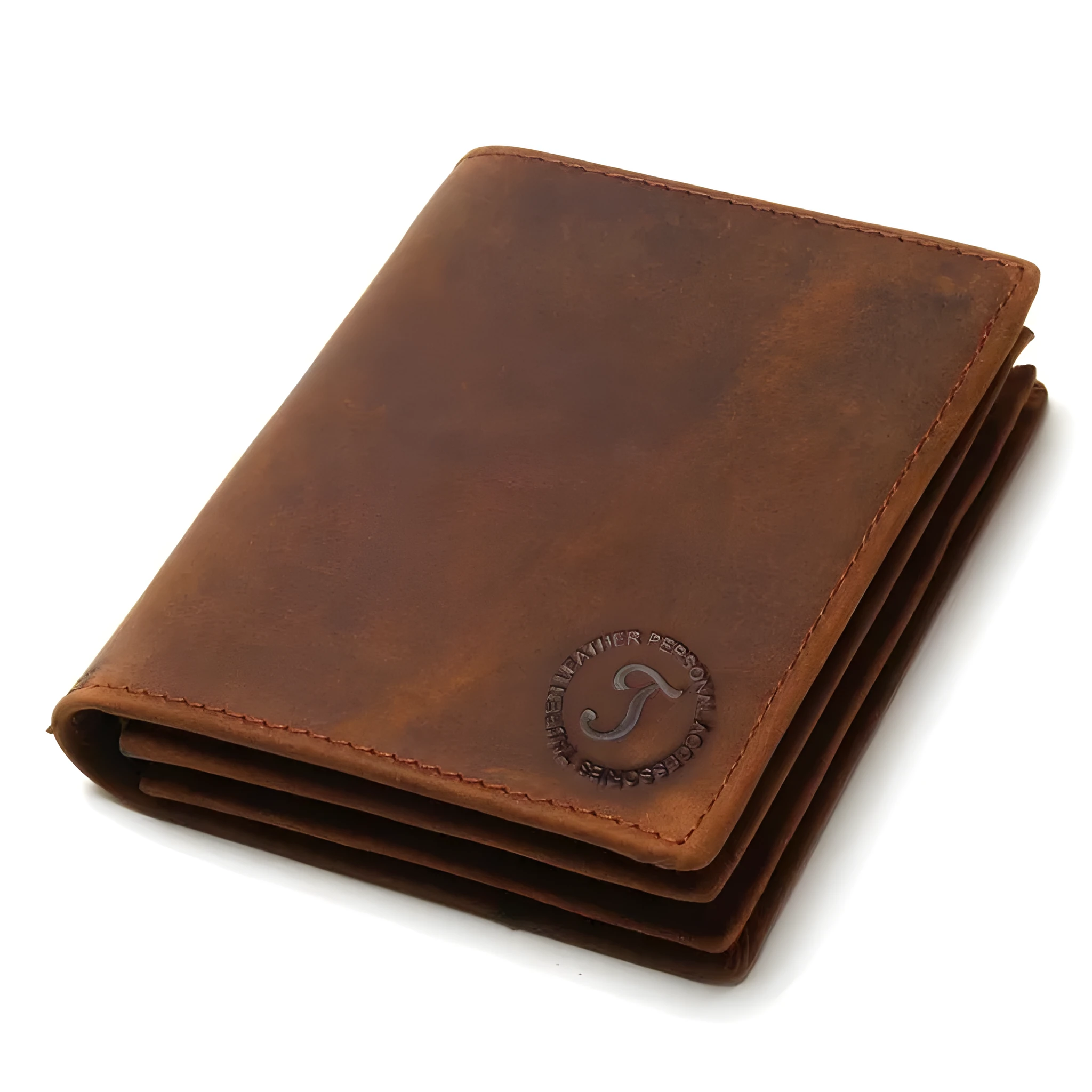 Genuine leather short vertical anti-theft swiping men's wallet in brown with saddle stitching