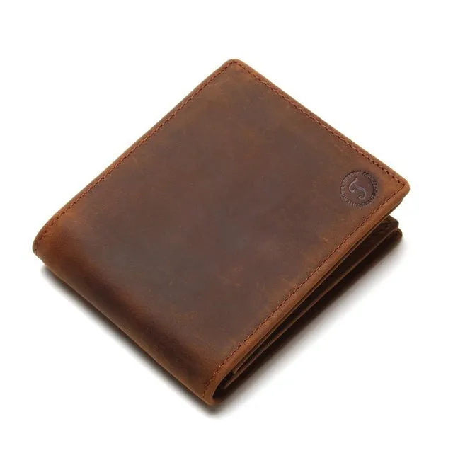 Genuine leather short vertical anti-theft swiping men's wallet in brown with saddle stitching