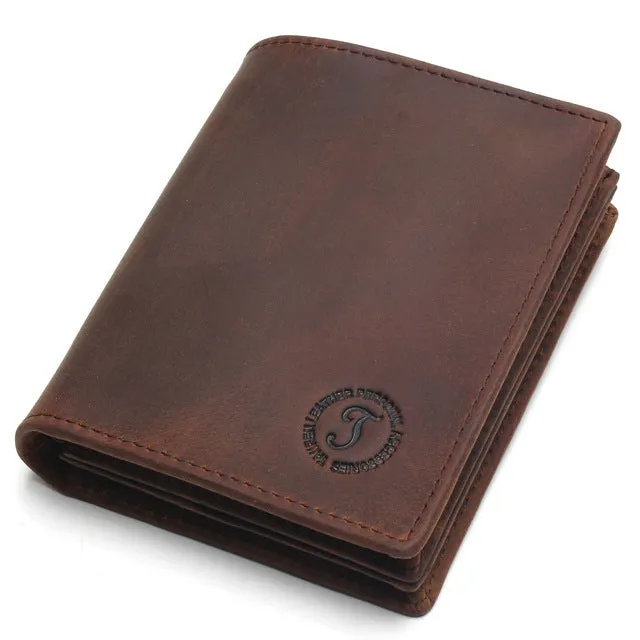 Genuine leather short vertical anti-theft swiping men's wallet in brown with saddle stitching