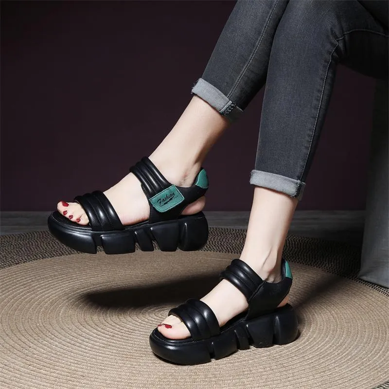 Open toe wedge sandals with non-slip rubber sole, microfiber upper, and Velcro strap in beige