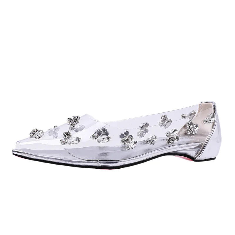 Silver transparent PVC stiletto pumps with rhinestone embellishments and buckle fastening