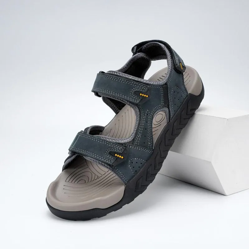 Men's breathable beach sandals with Velcro fastening, first layer cowhide upper, available in dark brown, dark gray, and khaki