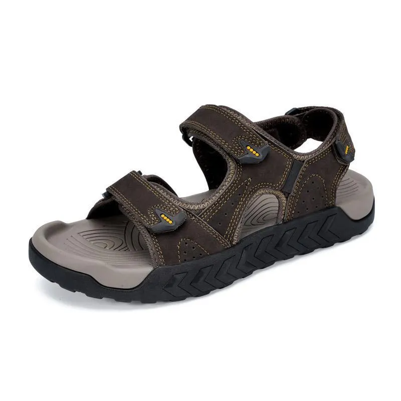 Men's breathable beach sandals with Velcro fastening, first layer cowhide upper, available in dark brown, dark gray, and khaki