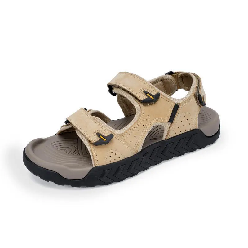 Men's breathable beach sandals with Velcro fastening, first layer cowhide upper, available in dark brown, dark gray, and khaki