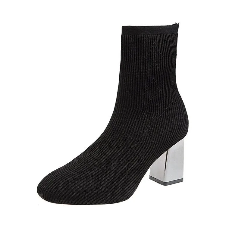 Women's stretch sock boots in black with short chunky heel and rubber sole