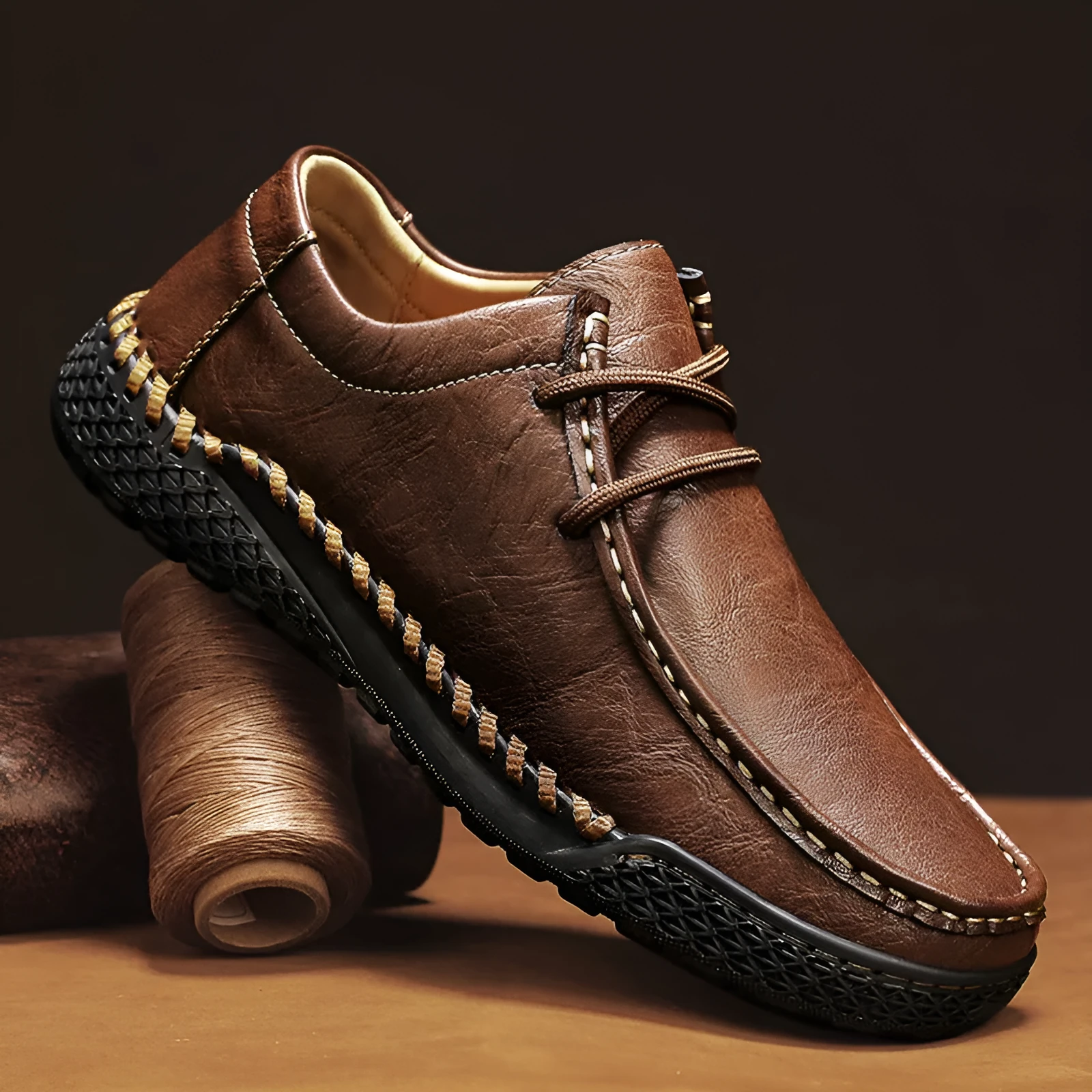 Men's genuine leather casual shoes in dark brown with front lace-up, round toe, and rubber sole