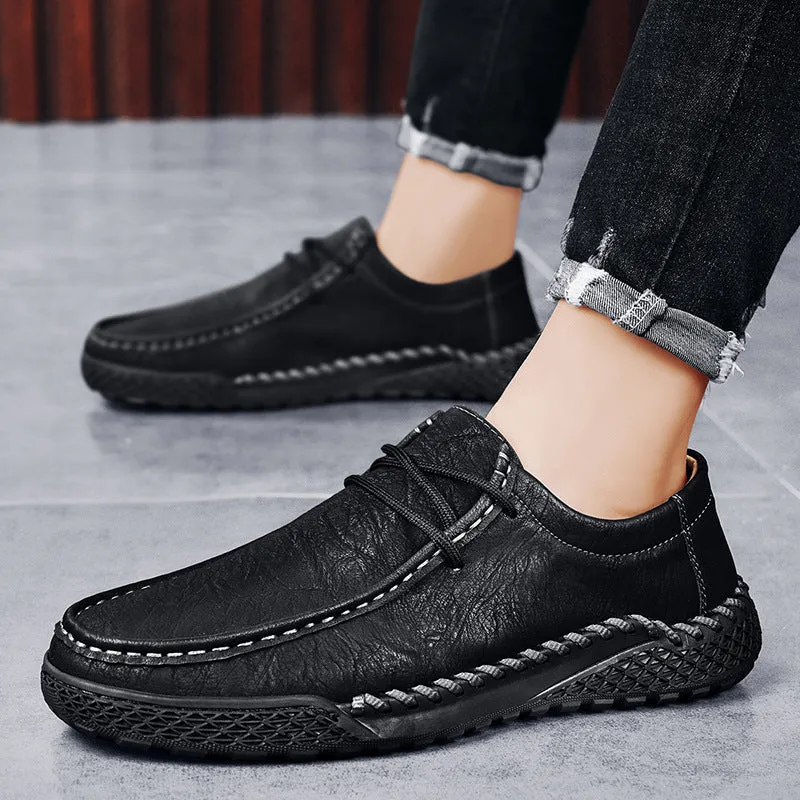 Men's genuine leather casual shoes in dark brown with front lace-up, round toe, and rubber sole