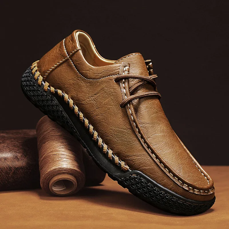 Men's genuine leather casual shoes in dark brown with front lace-up, round toe, and rubber sole