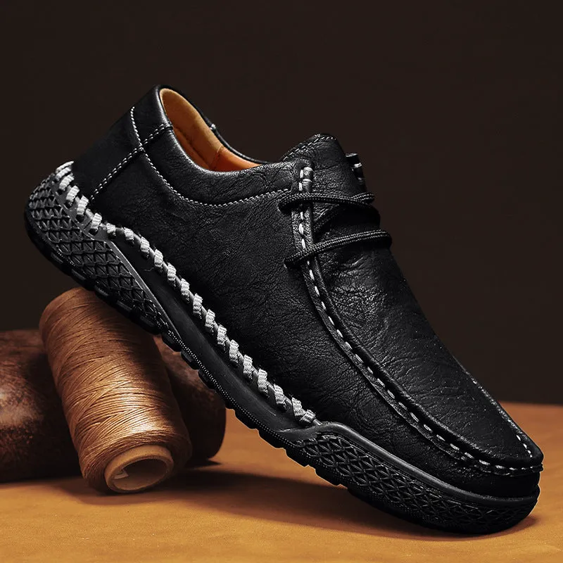 Men's genuine leather casual shoes in dark brown with front lace-up, round toe, and rubber sole