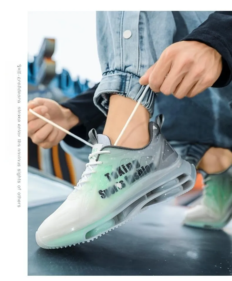 Men's black green casual platform shoes with mesh upper and rubber sole, shown with lace-up front.