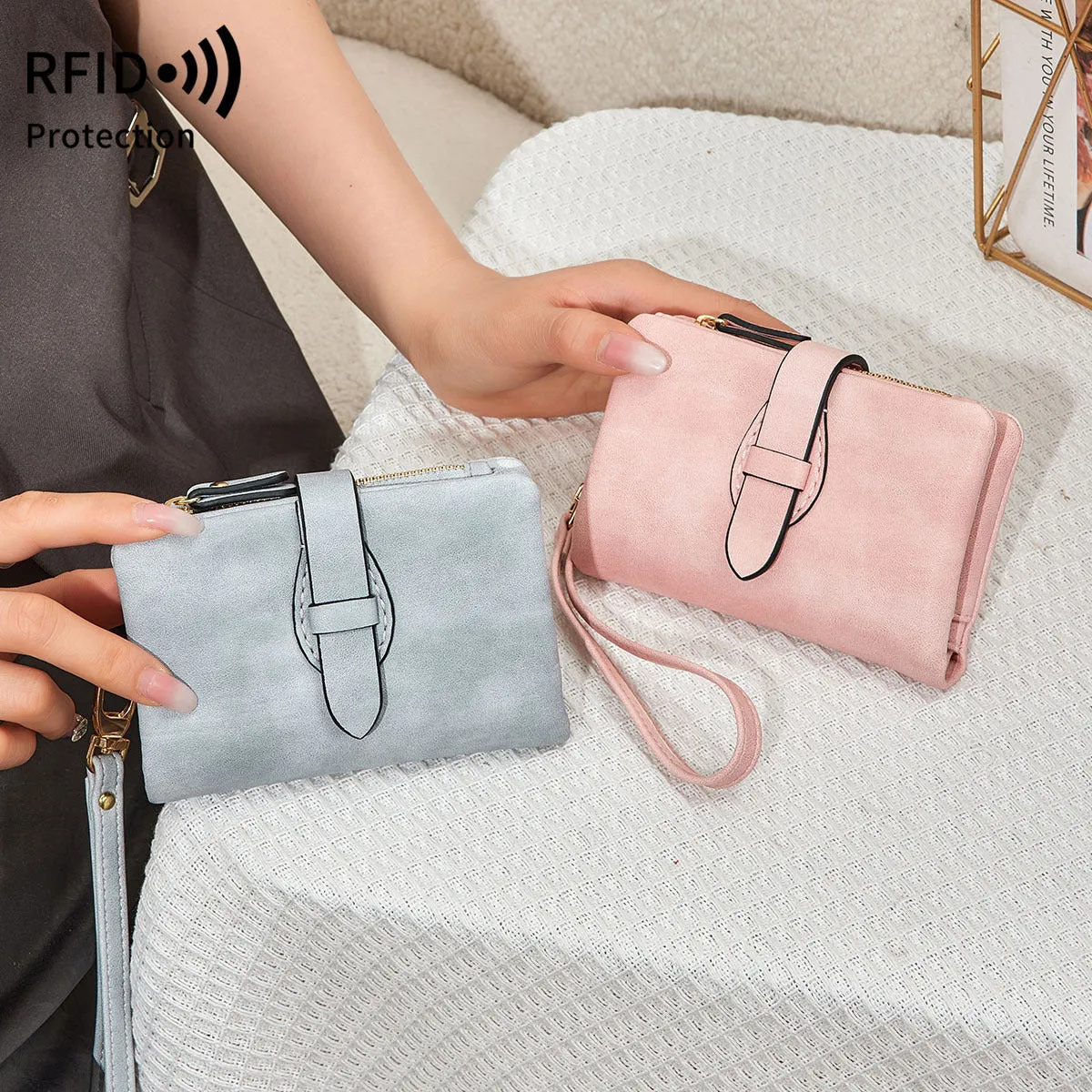 RFID blocking women's wallet in solid colour short style with soft PU material, available in multiple colours