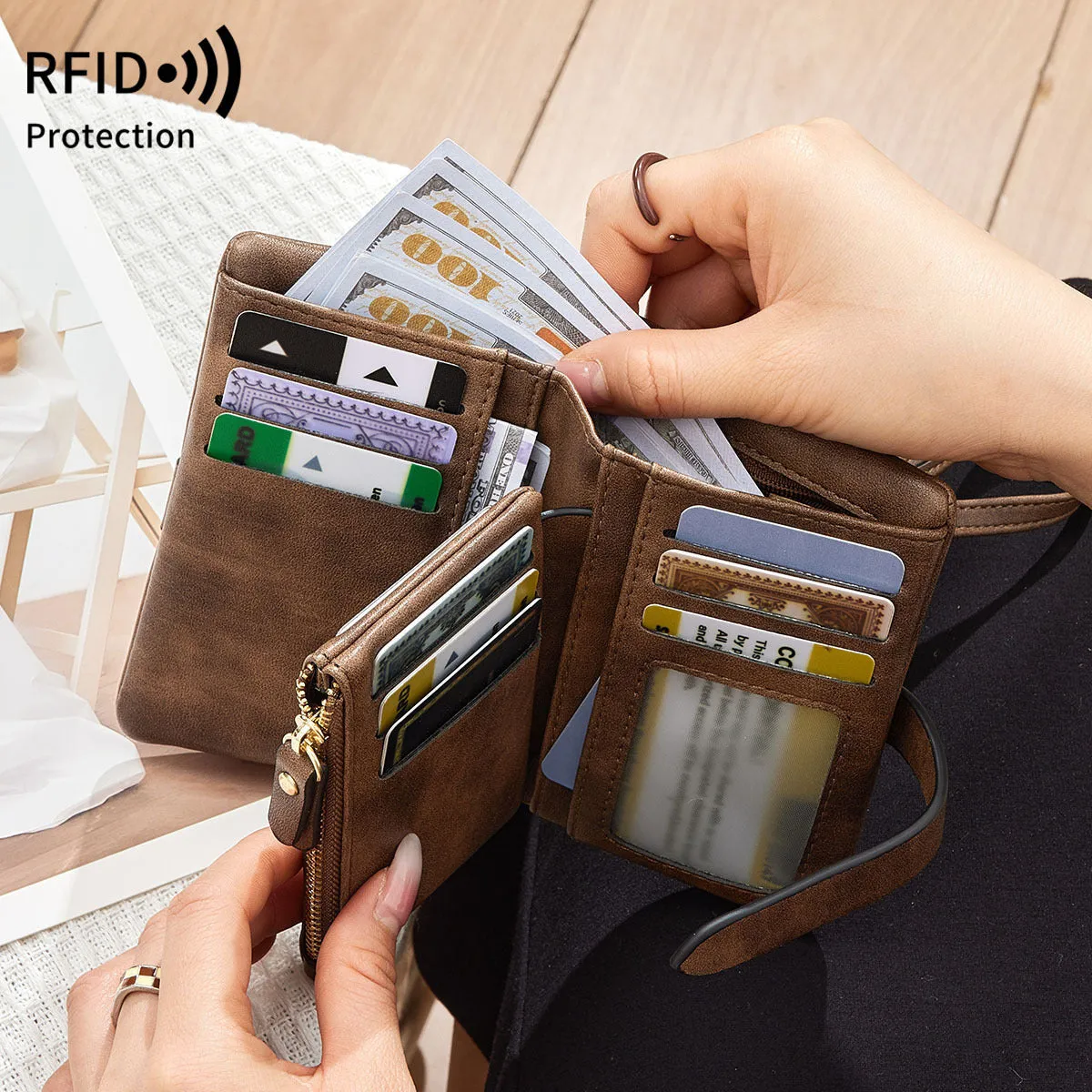 RFID blocking women's wallet in solid colour short style with soft PU material, available in multiple colours