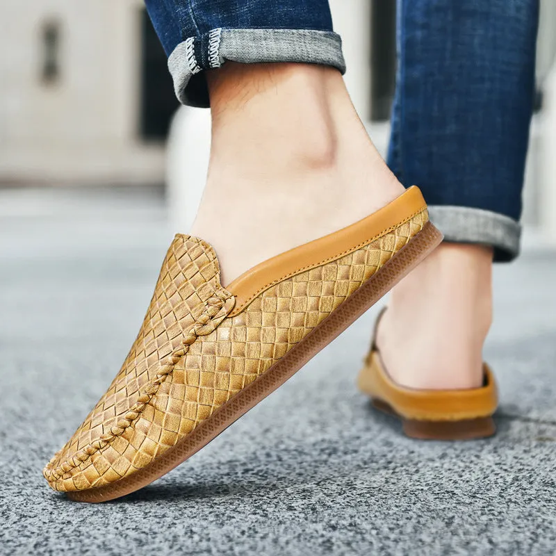 All-matching men's summer plus size slip-on pumps in black, artificial PU upper with plaid pattern, rubber sole, flat heel