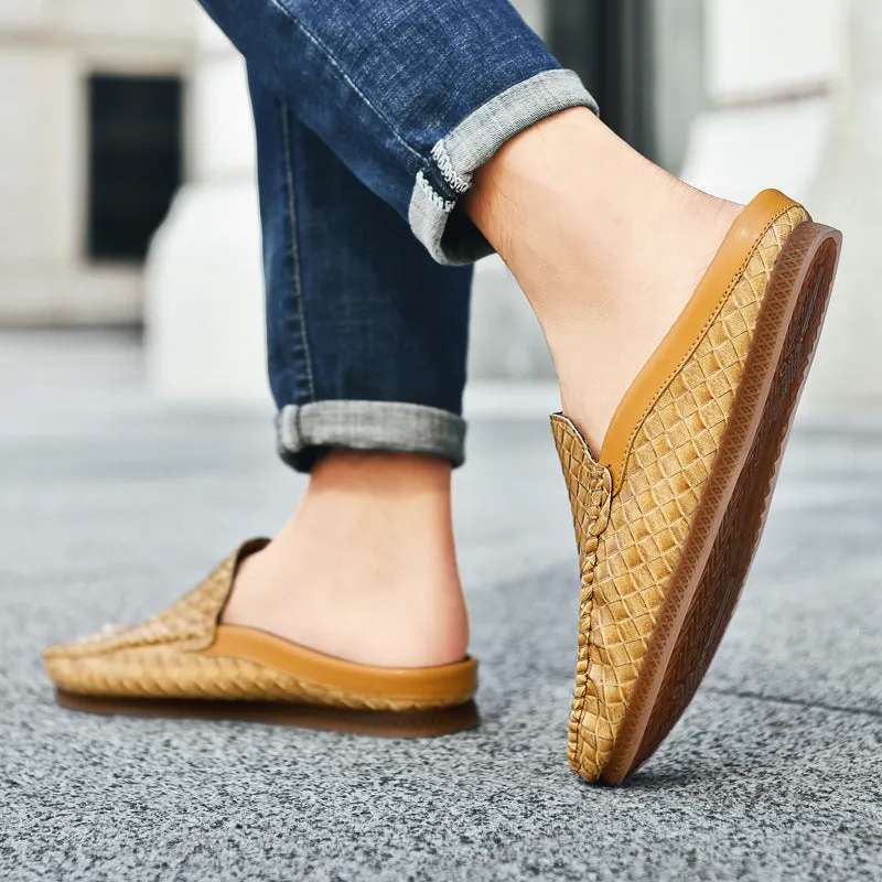 All-matching men's summer plus size slip-on pumps in black, artificial PU upper with plaid pattern, rubber sole, flat heel