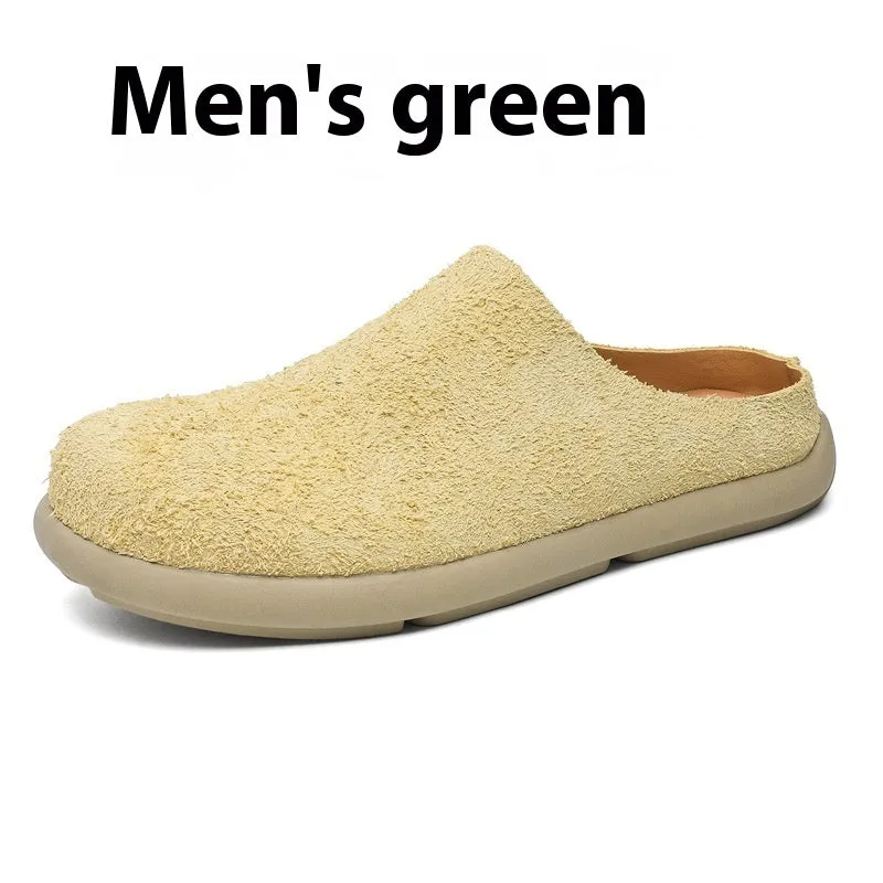 Men's suede leather half slippers in multiple colours with rubber sole, sizes 38 to 46, for casual outdoor use