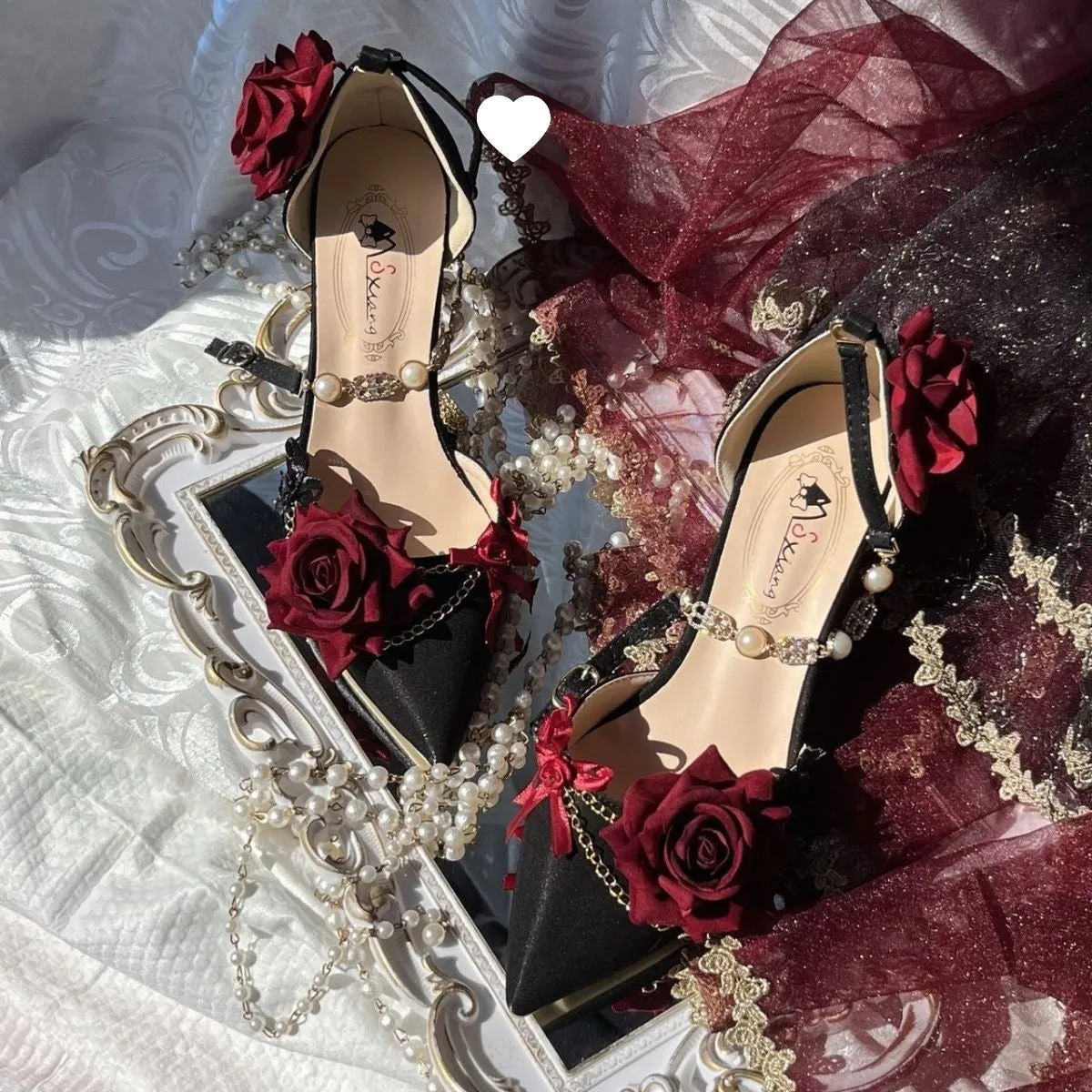 Ceremony Rose Chronicle pointed satin high-heeled wedding shoes in black and red, square toe, 5cm and 8cm heel options