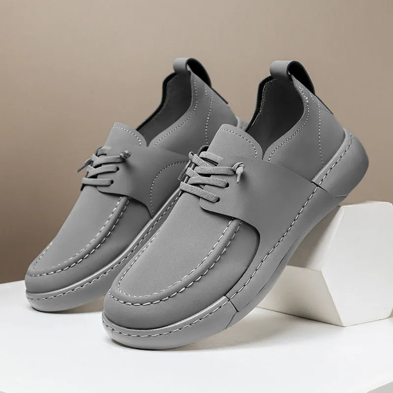 Men's retro British business casual lace-up leather shoes in black with round toe and low heel, stitching detail
