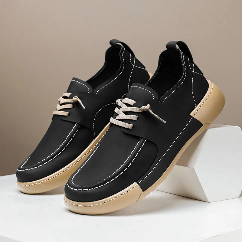 Men's retro British business casual lace-up leather shoes in black with round toe and low heel, stitching detail