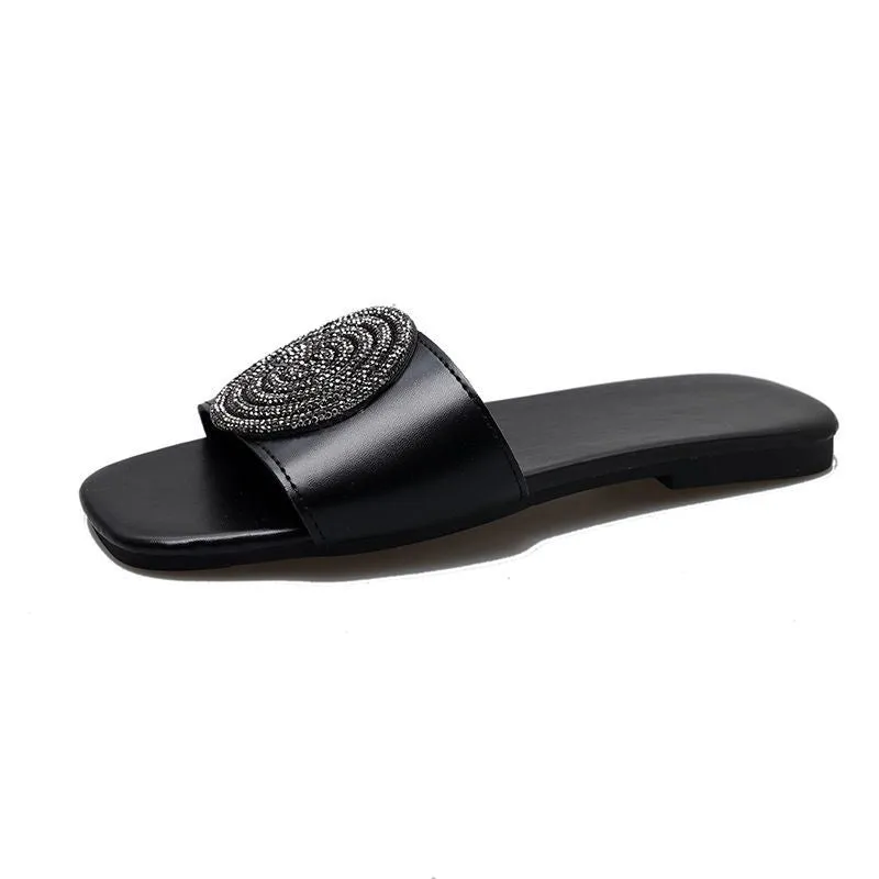 Open toe PU slippers with rhinestone decoration, available in black, white, and gold colours, sizes 36 to 43