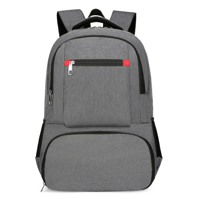 Light grey Oxford cloth insulated picnic backpack with curved shoulder straps and a pull rod belt.