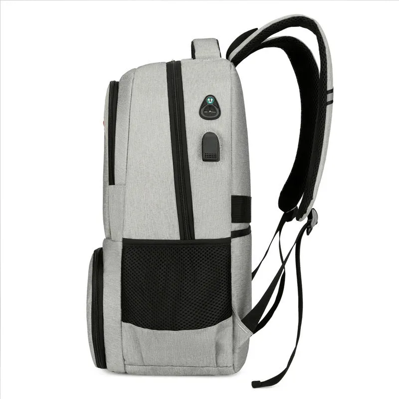 Light grey Oxford cloth insulated picnic backpack with curved shoulder straps and a pull rod belt.