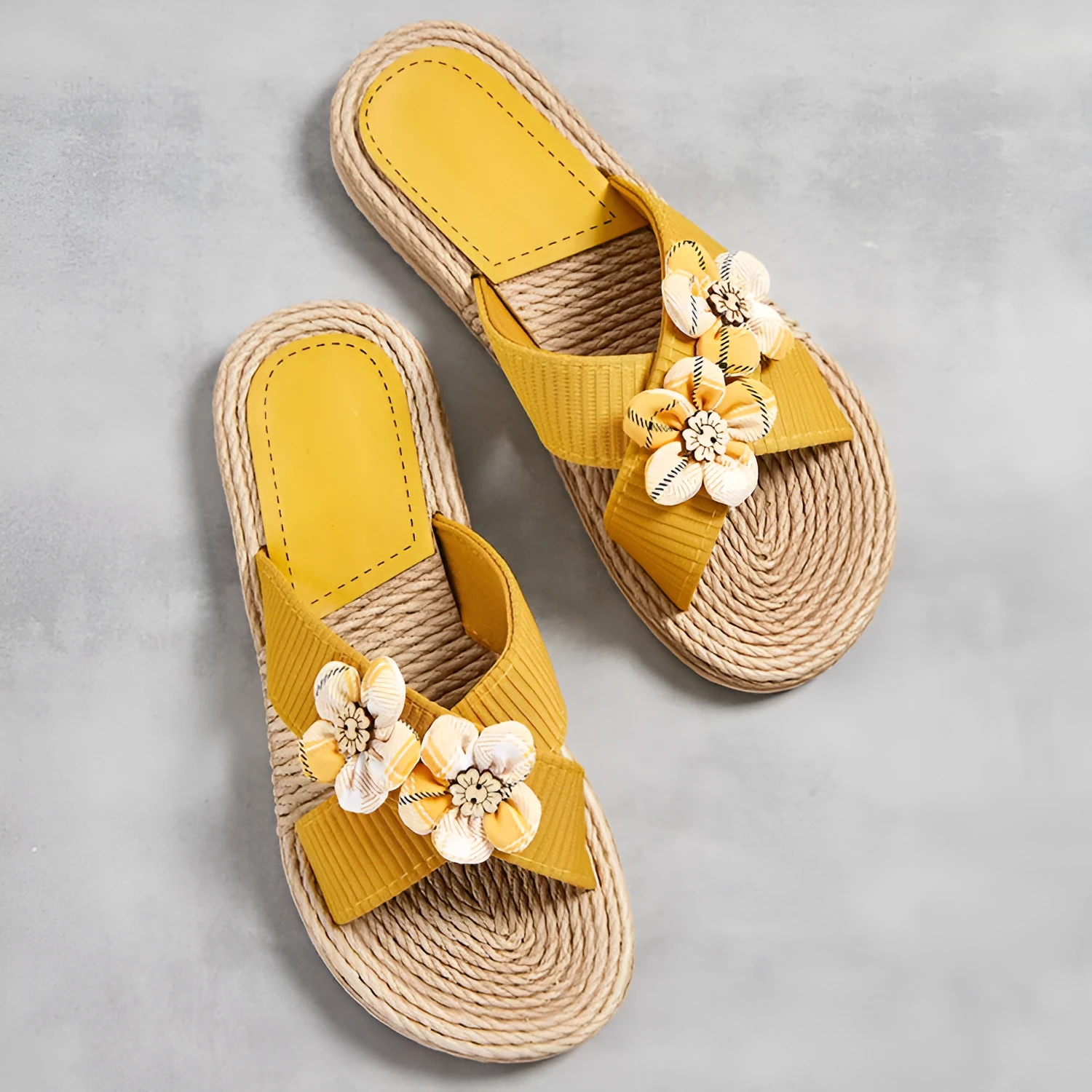 Solid colour summer women's slippers with rope bottom, cotton cloth upper, flowers pattern, and TPR sole
