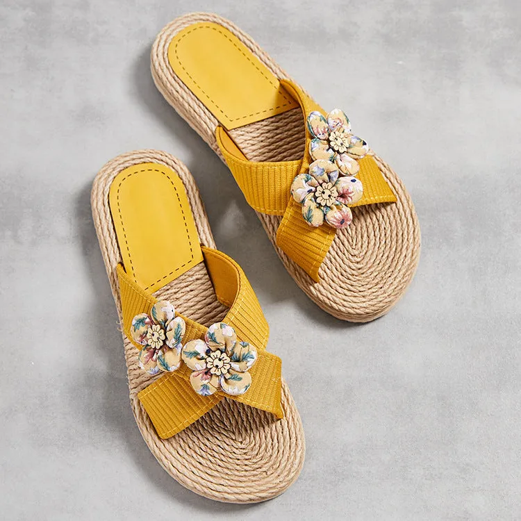 Solid colour summer women's slippers with rope bottom, cotton cloth upper, flowers pattern, and TPR sole